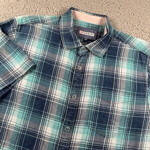 32 Bar Blues Men's Shirt Large Blue Plaid Button Down Short‎ Sleeve Cotton